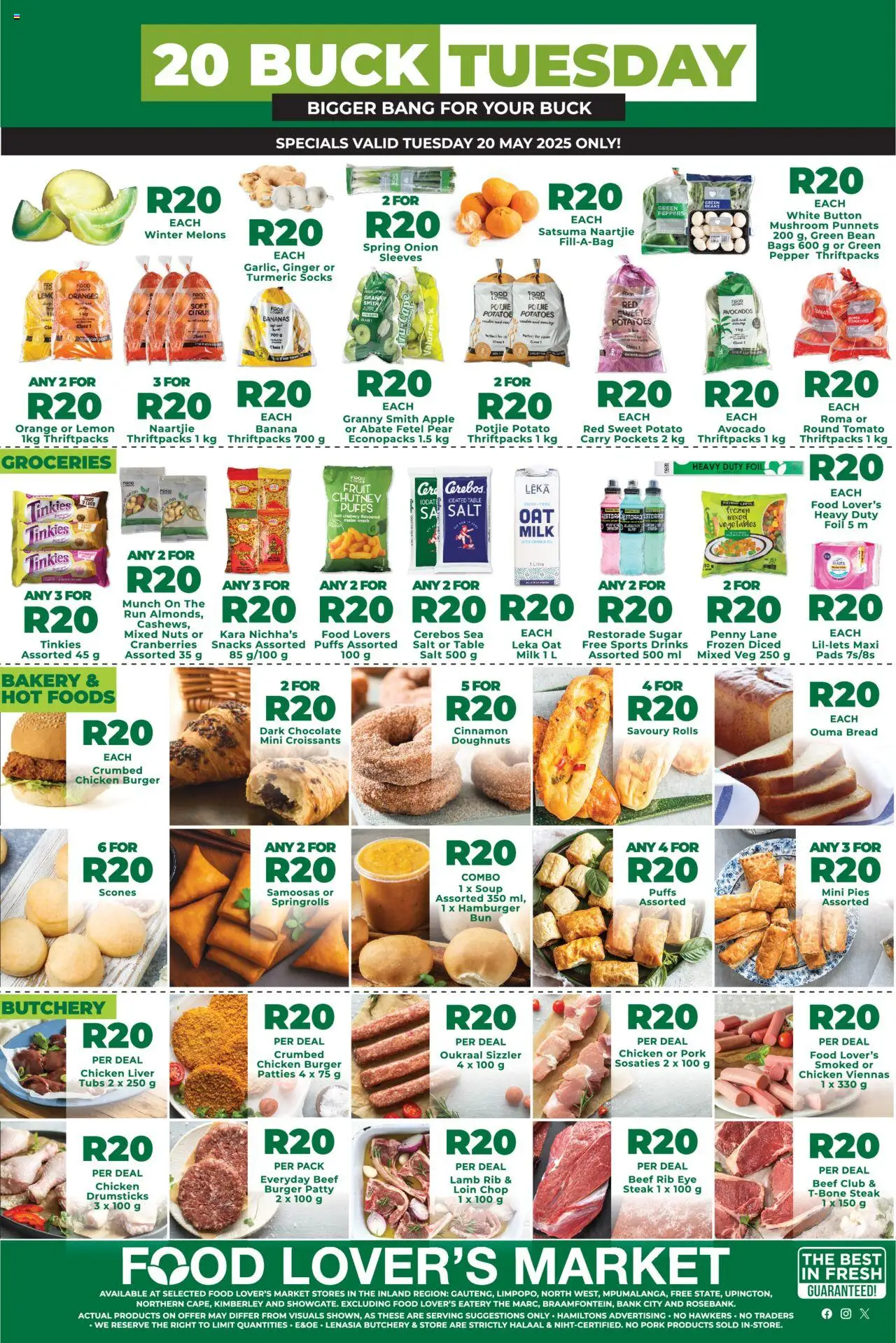 Food Lover's Market Inland Provinces - R20 Buck Tuesday from 20/05 - 20/05/2025 > Promotions - Chicken, Nuts, Avocados, Fruit, Pepper, Chutney, Bakery, Steak