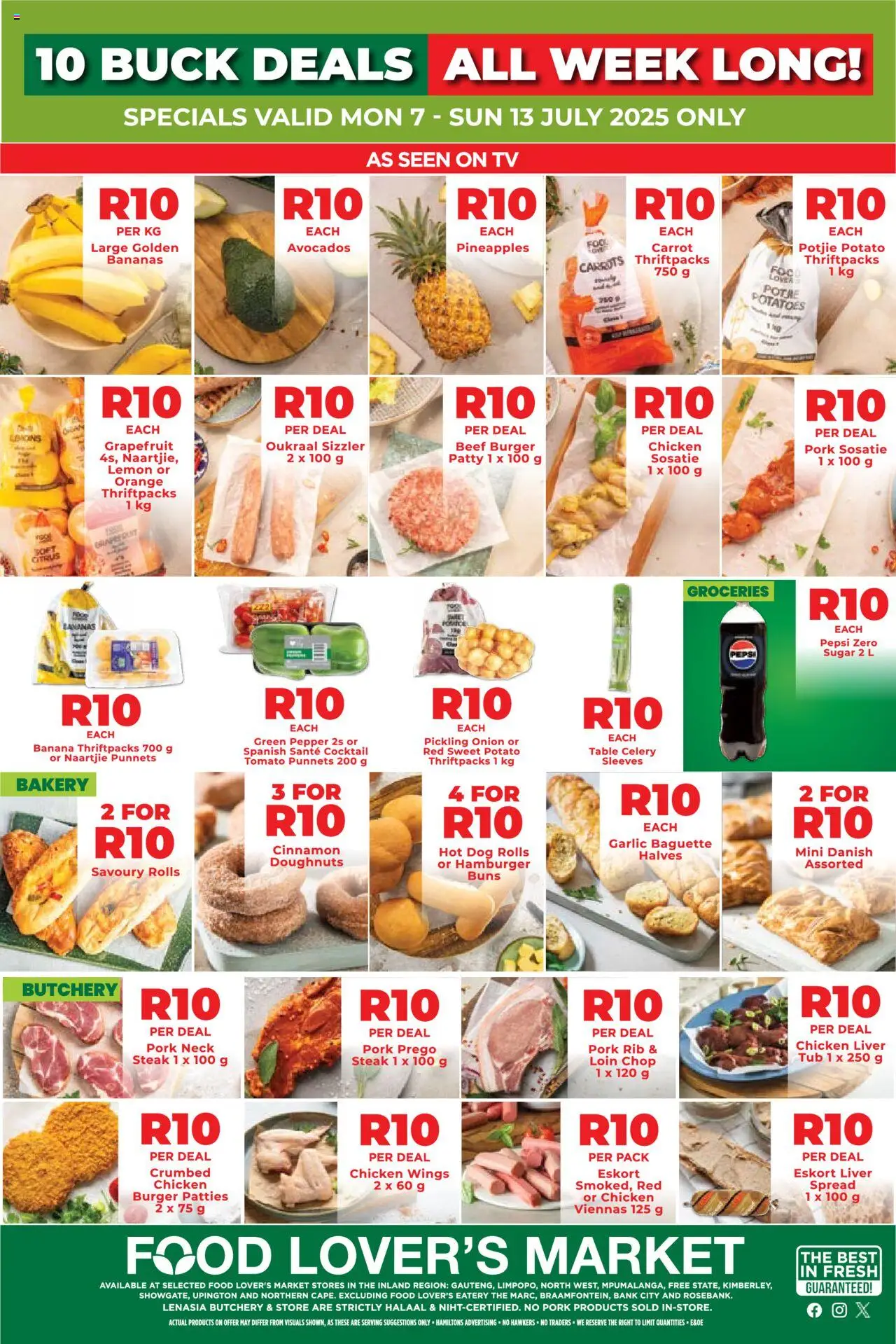 Food Lover's Market Inland Provinces - 10 Buck from 07/07 - 13/07/2025 > Promotions - Carrots, Potatoes, Steak, Baguette, Onion, Liver, Chicken wings, Spread